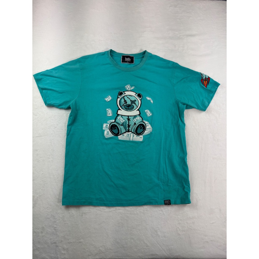 Denimicity Mens XL Teal Money Bear Chenille Patch Graphic T-Shirt Rocket Sleeve